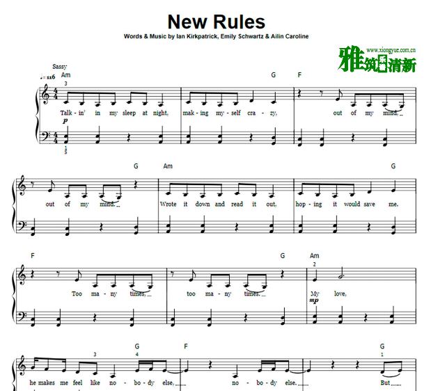 Dua Lipa - New Rules钢琴独奏谱
