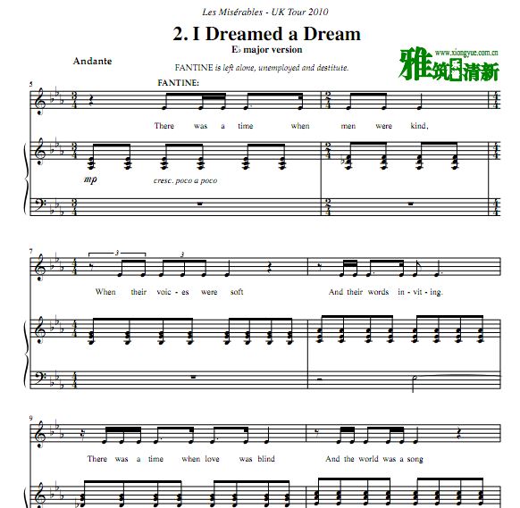 英国巡演2010版悲惨世界 I Dreamed a Dream声乐谱 钢琴伴奏谱
