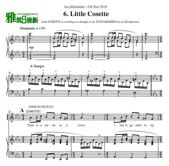 英国巡演2010版悲惨世界 Little Cosette钢琴伴奏谱声乐谱