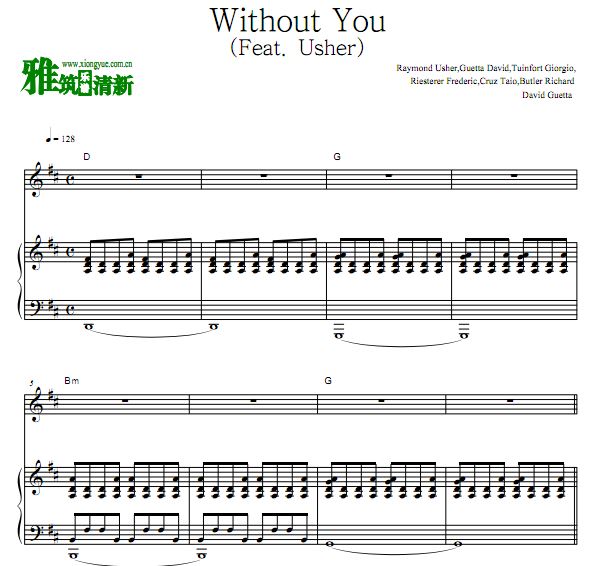 David Guetta - Without You (Feat. Usher)弹唱钢琴谱