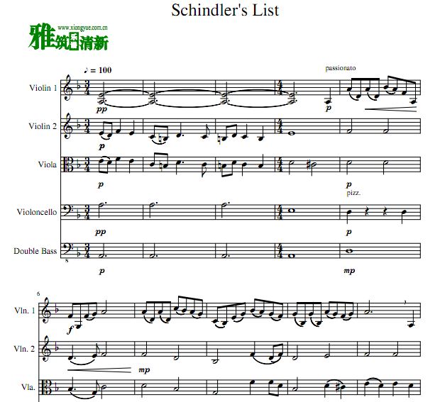 Schindler's List辛德勒名单主题曲一提二提中提大提低音贝司五重奏谱