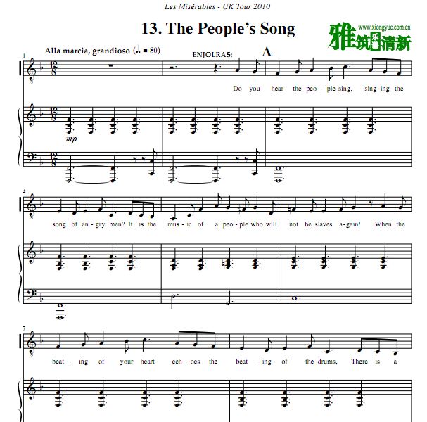 英国巡演2010版悲惨世界 The People's Song声乐钢琴谱 正谱