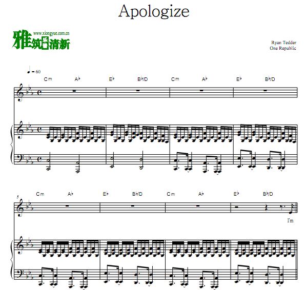 One Republic - Apologize 弹唱钢琴谱 原版歌谱