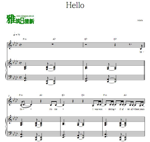 Adele - Hello 弹唱钢琴谱 歌谱