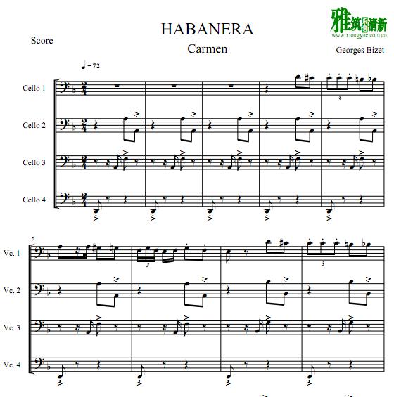 卡门Carmen - 哈巴涅拉Habanera大提琴四重奏谱