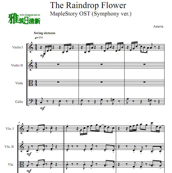 The Raindrop Flower双小提中提大提琴弦乐四重奏谱