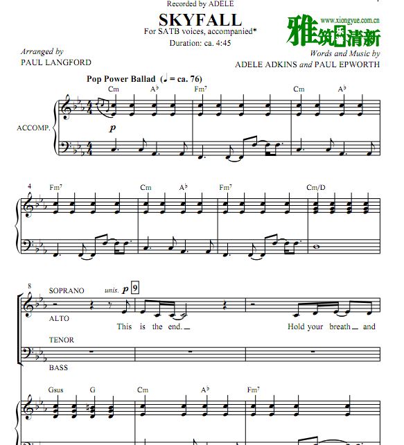 Adele - Skyfall 四声部SATB合唱钢琴伴奏谱