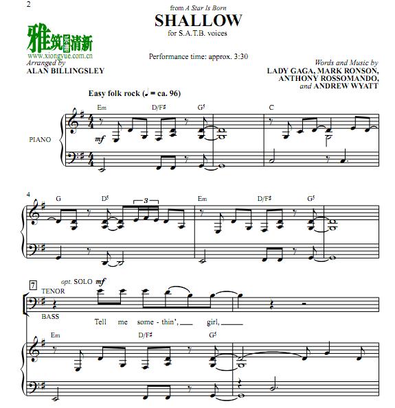 Lady Gaga shallow 4声部SATB合唱钢琴伴奏谱