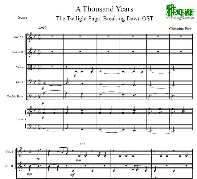 A Thousand Years 钢琴六重奏谱 小提琴中提琴大提琴低音钢琴