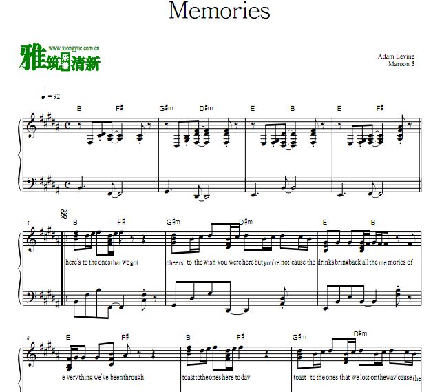 Maroon 5 - Memories独奏钢琴谱