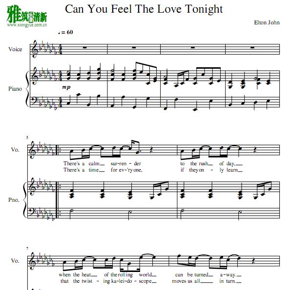 Elton John - can you feel the love tonight弹唱钢琴谱