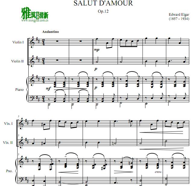 爱的致意 Salut d'amour 小提琴二重奏钢琴伴奏谱