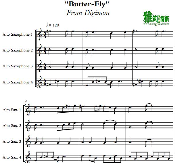 数码宝贝Butter-fly中音萨克斯四重奏谱