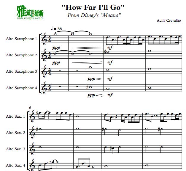 How Far I'll Go 中音萨克斯四重奏谱
