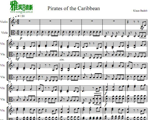 流行小提琴中提琴二重奏谱 加勒比海盗串烧pirates of the caribbean