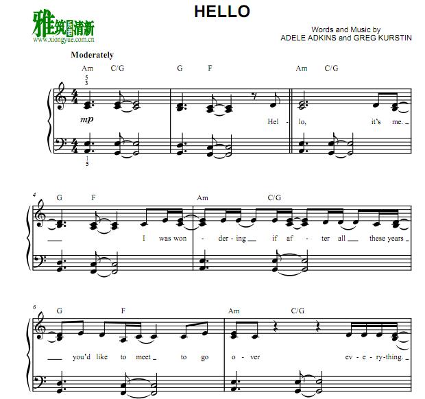 C调Adele Hello 钢琴谱