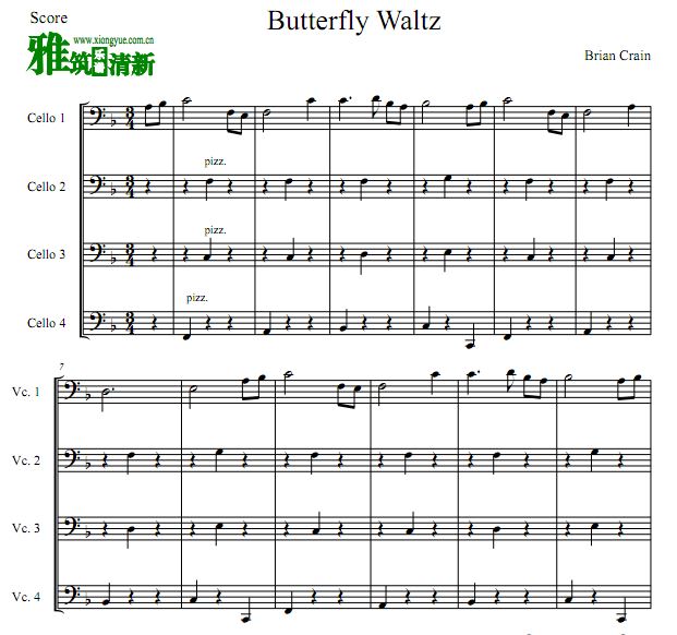 Brian Crain - Butterfly Waltz 蝴蝶华尔兹大提琴四重奏谱