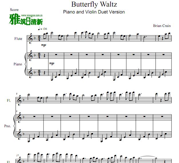 Brian Crain - 蝴蝶华尔兹 Butterfly Waltz长笛钢琴二重奏谱