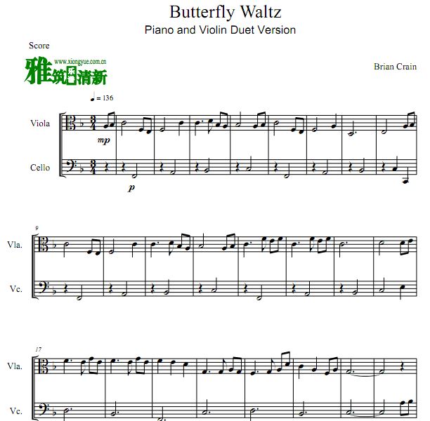 蝴蝶华尔兹 Butterfly Waltz(Piano and Violin Duet版)中提琴大提琴二重奏谱