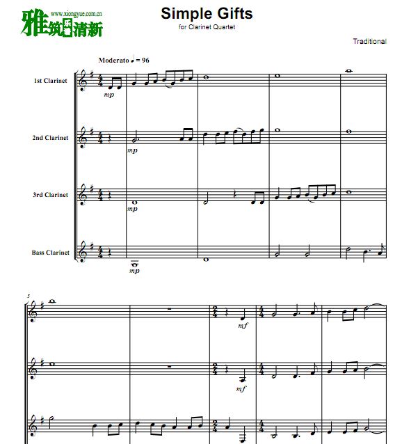 Simple Gifts 简单礼物单簧管四重奏谱