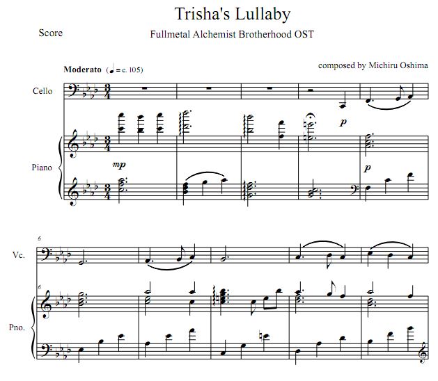 钢之炼金术师 Trisha's Lullaby 特丽莎摇篮曲大提琴钢琴伴奏谱