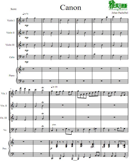 Canon卡农变奏曲爵士版  三小提琴一大提琴钢琴五重奏谱