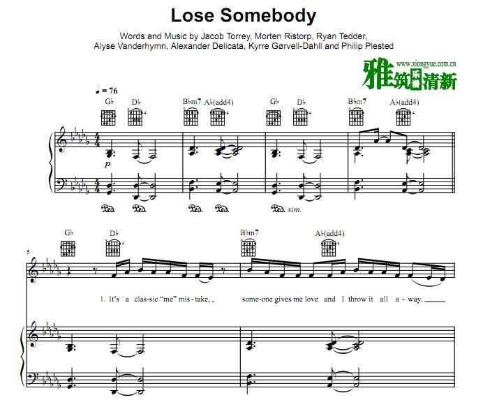 Kygo OneRepublic - Lose Somebody歌谱 钢琴谱 正谱
