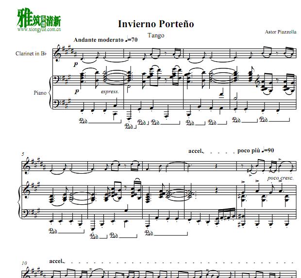 皮亚佐拉 布宜诺斯艾利斯之冬 invierno porteo单簧管钢琴二重奏谱