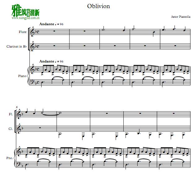 皮亚佐拉 遗忘 Oblivion 长笛单簧管钢琴三重奏谱