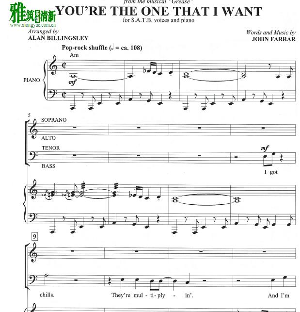 You re the One That I Want四声部合唱钢琴伴奏谱