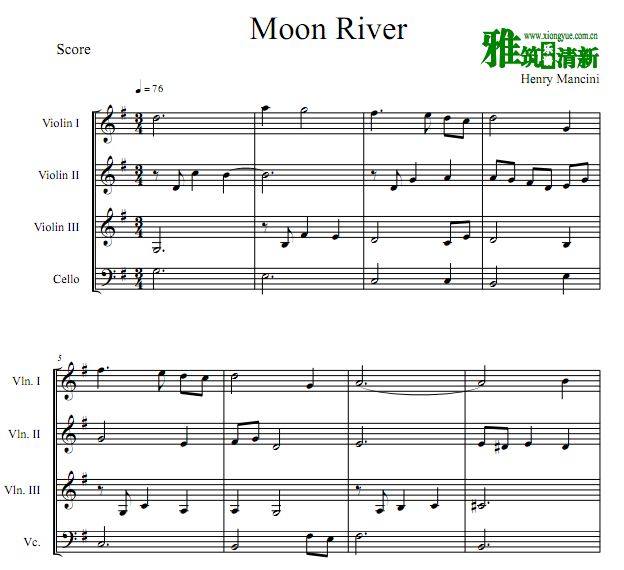 月亮河弦乐四重奏谱 Moon River三小提琴一大提琴合奏谱