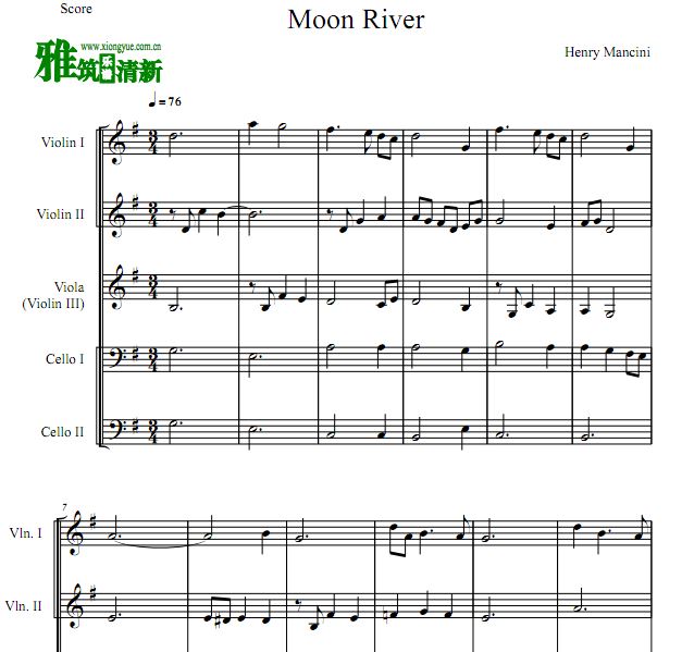 月亮河 Moon River 小提琴中提琴大提琴弦乐五重奏谱