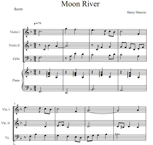 月亮河 Moon River钢琴四重奏谱 Moon River双小提琴大提琴钢琴合奏谱