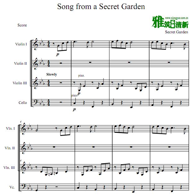神秘园之歌 Song From a Secret Garden三小提琴一大提琴合奏谱