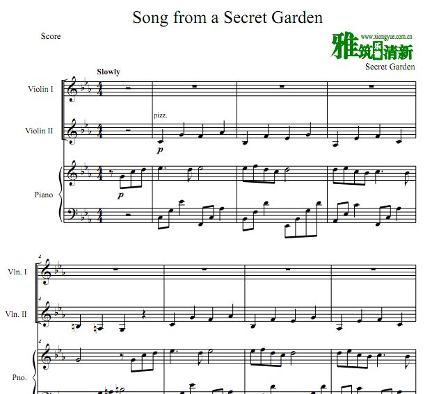 神秘园之歌 Song From a Secret Garden二小提琴钢琴合奏谱