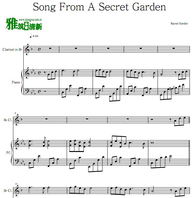 Song From a Secret Garden 神秘园之歌单簧管钢琴合奏谱
