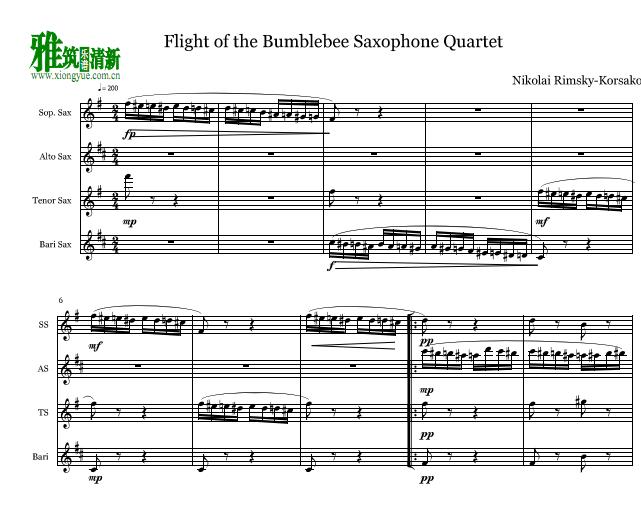 野蜂飞舞Flight of the Bumblebee萨克斯四重奏谱