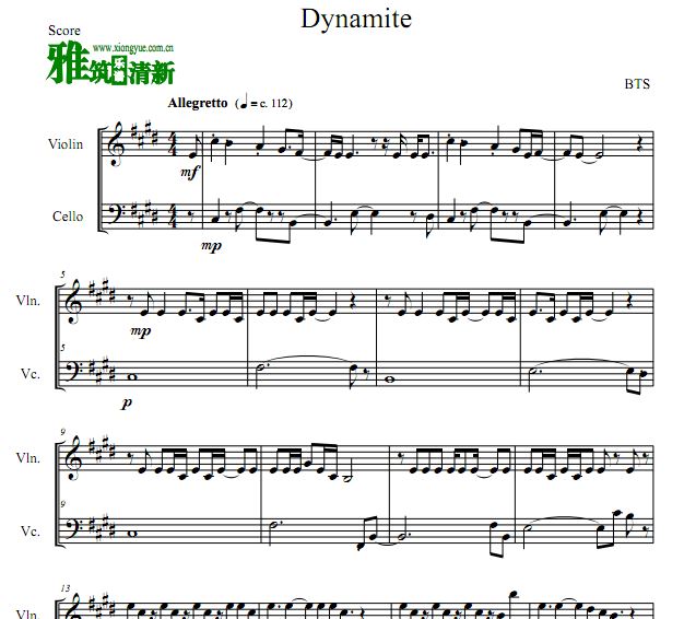 BTS - Dynamite小提琴大提琴合奏谱