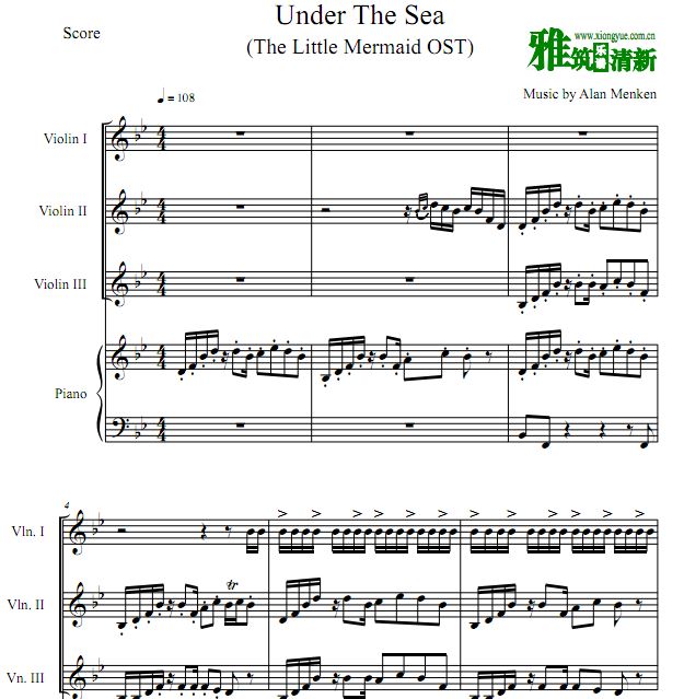 小美人鱼 Under The Seadg三小提琴钢琴合奏谱