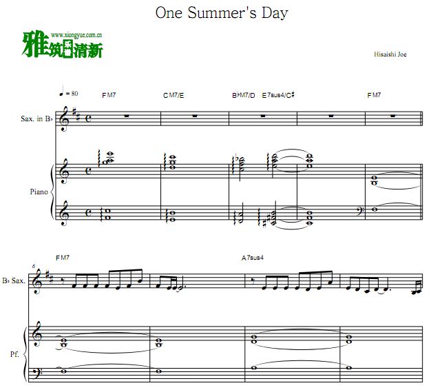One Summer's Day降B萨克斯钢琴合奏谱