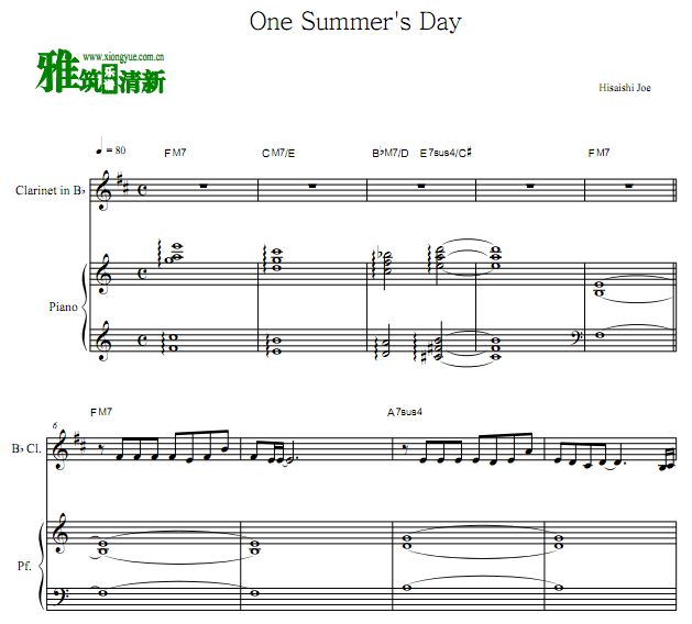 One Summer's Day单簧管钢琴合奏谱
