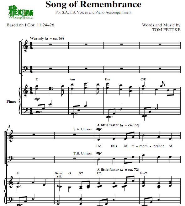 Song of Remembrance 四声部合唱钢琴伴奏谱