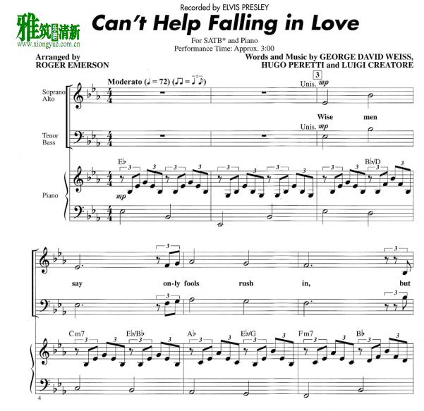 Can't Help Falling In Love 四声部合唱钢琴伴奏谱