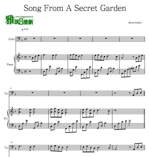 Song From a Secret Garden 神秘园之歌大提琴钢琴合奏谱