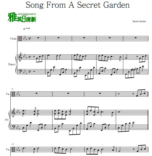 Song From a Secret Garden 神秘园之歌中提琴钢琴合奏谱