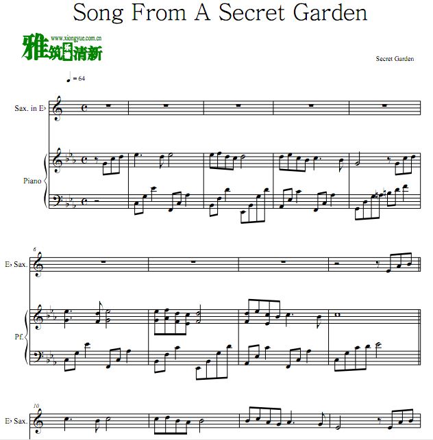 Song From a Secret Garden 神秘园之歌萨克斯钢琴二重奏谱
