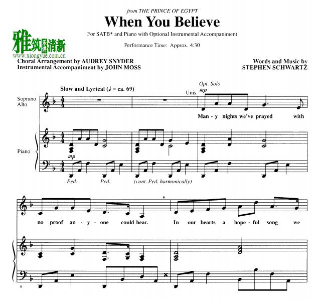 埃及王子The Prince Of Egypt - When You Believe四声部合唱钢琴伴奏谱