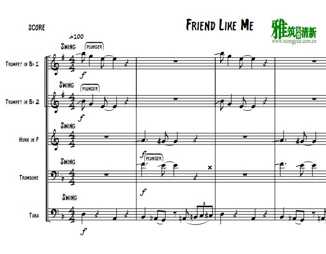 阿拉丁Friend Like Me铜管五重奏谱