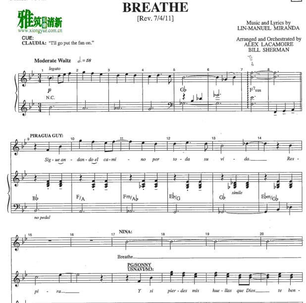 In the heights - breathe钢琴伴奏谱