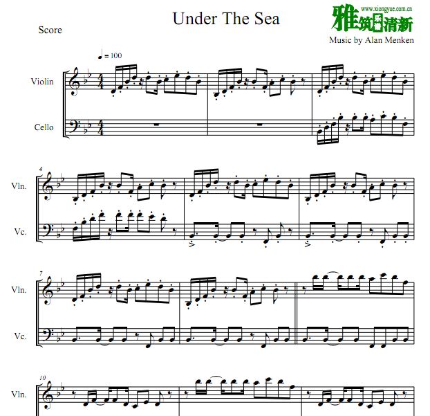 Under The Sea 小美人鱼小提琴大提琴二重奏谱